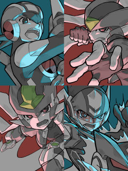 4boys absurdres android armor black_bodysuit blue_background bodysuit commentary energy_sword english_commentary forehead_jewel geo_stelar_(mega_man) gloves greyscale_with_colored_background helmet highres holding holding_weapon in-franchise_crossover looking_at_viewer male_focus mega_man_(series) mega_man_battle_network_(series) mega_man_star_force_(series) mega_man_zero_(series) mega_man_zx megaman.exe multiple_boys netnavi omega-xis_(mega_man) open_mouth punching red_background simple_background slashing spot_color sword teeth ten_(ten_rockman) vent_(mega_man) weapon zero_(mega_man)