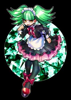 Rule 34 | 1girl, apron, biburi (precure), black background, black pantyhose, bow, commentary, commentary request, english commentary, eyelid pull, green hair, kirakira precure a la mode, magical girl, maid apron, maid headdress, mixed-language commentary, pantyhose, precure, red bow, red shoes, senmu (0107), shoes, simple background, smile, solo, tongue, tongue out, twintails, yellow eyes