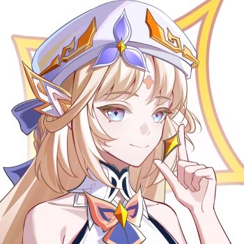 1girl absurdres bad_source bare_shoulders beret blonde_hair blue_eyes closed_mouth diamond_(shape) ezhi_zz facial_mark forehead_mark genshin_impact gradient_eyes halo hat highres index_finger_raised long_hair looking_at_viewer multicolored_eyes nicole_reeyn pointy_ears purple_eyes red_eyes simple_background smile solo white_background