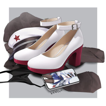 Rule 34 | anshan (warship girls r), black pantyhose, block heels, cellphone, commentary request, footwear focus, hat, high heels, highres, no humans, pantyhose, phone, shoe soles, shoes, smartphone, still life, unworn pantyhose, unworn shoes, warship girls r, white shoes, xnnagu