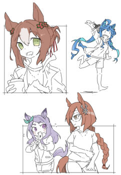 4girls :d animal_ears beer_hsk bow braid brown_hair buruma commentary_request ear_ribbon fine_motion_(umamusume) flying_sweatdrops glasses green_eyes green_ribbon gym_shirt gym_shorts gym_uniform highres holding horse_ears horse_girl horse_tail ikuno_dictus_(umamusume) jacket long_hair mejiro_mcqueen_(umamusume) multicolored_hair multiple_girls open_clothes open_jacket open_mouth partially_colored purple_eyes purple_hair ribbon round_eyewear sharp_teeth shirt short_eyebrows shorts single_braid smile tail teeth thick_eyebrows track_jacket twin_turbo_(umamusume) two-tone_hair umamusume very_long_hair white_background white_hair |_|