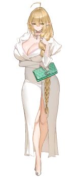 absurdres blonde_hair bra braid breasts cleavage dongtan_dress dress elf green_eyes highres jeanne_(cherin) large_breasts long_braid original pointy_ears sib_(9obsl) single_braid thick_thighs thighs underwear white_dress