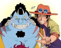 Rule 34 | +++, 2boys, ^ ^, black hair, blue skin, blush, bracelet, chest tattoo, closed eyes, colored skin, commentary request, elbow pads, facial hair, fish boy, goatee, hat, highres, japanese clothes, jewelry, jinbe (one piece), kimono, male focus, multiple boys, necklace, one piece, orange hat, pearl necklace, ponytail, portgas d. ace, sharp teeth, shirt, simple background, single elbow pad, smile, tattoo, teeth, thick eyebrows, tusks, upper body, usarinko, v, white background