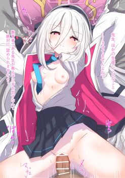 Rule 34 | 1boy, 1girl, blue archive, breasts, collared shirt, commentary request, hairband, halo, hetero, highres, jacket, kei (blue archive), long hair, necktie, open clothes, pillow, sex, shirt, small breasts, spread legs, teik0p, thighs, vaginal, white hair