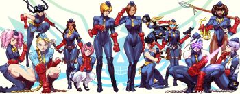 6+girls adapted_costume ahoge ankle_boots annotated aprile arm_blade armband axe belt_pouch black_footwear black_hair blonde_hair blue_eyes blue_legwear blue_leotard blue_theme bob_cut boots braid breasts brown_eyes brown_footwear brown_hair brown_legwear cammy_white capcom china_dress chinese_clothes cleavage clenched_hand commentary covered_mouth dark-skinned_female dark_skin decapre double_bun dress drill_hair earrings energy energy_blade energy_weapon enero eyepatch fevrier fingerless_gloves garrison_cap glasses gloves grin gun hair_bun hair_over_one_eye hat headband heart highleg highleg_leotard highres holster huge_ahoge jewelry jianyu juli_(street_fighter) juni_(street_fighter) knee_boots kneeling kunai large_breasts leotard light_purple_hair long_hair machine_pistol mary_janes marz_(street_fighter) mask medium_breasts miniskirt monkey mouth_mask multiple_girls native_american necklace necktie ninja noembelu official_art on_one_knee over-kneehighs pantyhose pink_eyes pink_hair polearm pouch red_gloves ribbed_leotard robaato salute santamu satsuki_(street_fighter) scar scarf semi-rimless_eyewear shadaloo_dolls shoes short_hair shoulder_pads sitting skirt sleeved_leotard sleeveless smile spear spread_legs squatting staff street_fighter street_fighter_v street_fighter_zero_(series) submachine_gun textless_version thigh_holster thighhighs three_section_staff tooth_necklace turtleneck twin_braids udon_entertainment under-rim_eyewear uzi very_dark_skin vest visor weapon white_legwear wrsit_blade xiayu yellow_eyes