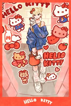 1girl bag bare_shoulders blonde_hair blue_jacket border bow bow_earrings breasts cone_hair_bun copyright_name double_bun earrings full_body hair_bow hair_bun hello_kitty highres holding holding_bag holding_phone jacket jacket_partially_removed jewelry loose_socks medium_breasts orange_tank_top phone red_bag red_border red_bow sanrio shoes sidelocks smile sneakers socks takeuchi_ryousuke tank_top white_shoes white_socks