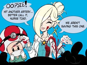 blonde_hair blood blue_dress brooch closed_eyes doctor_coat dress face_mask gloves hair_bun highres jewelry latex latex_gloves luigi mario_(series) mask nintendo rosalina silhouette speech_bubble star_brooch stethoscope teevo toad_(mario) tongue tongue_out