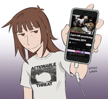 Rule 34 | 1girl, artist name, brown eyes, brown hair, cable, cellphone, commentary, cracked screen, death grips, english commentary, freckles, gradient eyes, highres, hitsuji (hitsujigoods), holding, holding phone, iphone, kara eklund, multicolored eyes, original, phone, shirt, signature, smartphone, smile, solo, t-shirt, white shirt