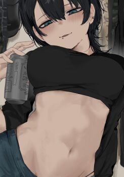 1girl black_hair black_panties black_shirt blue_eyes blue_pants blush breasts can commentary drink_can earclip face_piercing from_below groin highres holding holding_can large_breasts lip_piercing looking_at_viewer medium_hair midriff navel original panties pants panty_peek parted_lips piercing shirt shirt_rolled_up solo stomach ti28domiro underwear upper_body