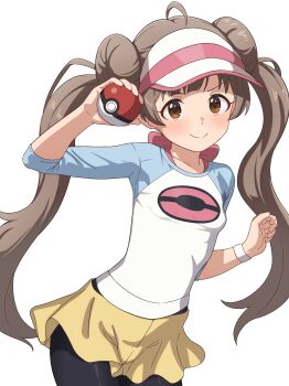 1girl absurdres ahoge black_pantyhose blue_sleeves blush breasts brown_eyes brown_hair closed_mouth commentary_request cosplay cowboy_shot donut_hair_bun double_bun drop_shadow hair_bun hakozaki_serika hand_up highres holding holding_poke_ball idolmaster idolmaster_million_live! large_variant_set long_hair looking_at_viewer milliani nintendo pantyhose poke_ball poke_ball_(basic) pokemon pokemon_black_2_and_white_2 raglan_sleeves rosa_(pokemon) rosa_(pokemon)_(cosplay) shirt short_shorts shorts simple_background small_breasts smile solo standing transparent_background twintails variant_set visor_cap white_shirt wristband yellow_shorts