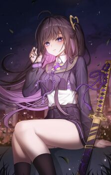 1girl absurdres ahoge black_hair black_sailor_collar black_shirt black_skirt black_sky black_socks breasts chitose_(stella_sora) colored_inner_hair commentary highres kneehighs long_hair looking_at_viewer mole mole_under_eye multicolored_hair oh_gong05 one_side_up pleated_skirt purple_eyes purple_hair purple_ribbon ribbon sailor_collar scabbard school_uniform serafuku sheath sheathed shirt skirt sky socks solo stella_sora sword weapon white_shirt