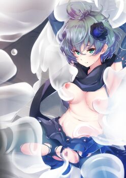 1girl armpits arms_up blue_skirt breasts captured censored defeat detached_sleeves drag-on_dragoon drag-on_dragoon_3 grabbing_another&#039;s_breast grabbing_own_breast green_eyes green_hair groping hair_ornament highres imminent_penetration imminent_rape imo_bouya medium_breasts monster monster_sex mosaic_censoring nipples open_clothes pantyhose restrained scarf short_hair sitting skirt slime_(creature) solo sweatdrop torn_clothes two_(drag-on_dragoon) wavy_hair