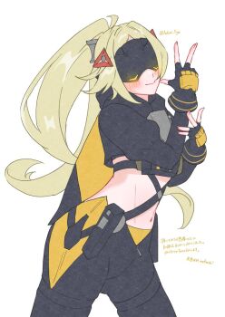 1girl ashimi_fugo black_pants black_shrug blindfold_mask blonde_hair blush camouflage camouflage_jacket camouflage_pants closed_mouth covered_eyes fingerless_gloves gloves glowing_mask gun hair_ornament handgun harness jacket latex_pants mask navel pants ponytail shrug_(clothing) smile solo tight_clothes tight_pants triangle_hair_ornament trigger_(zenless_zone_zero) w weapon white_background zenless_zone_zero zipper_pull_tab