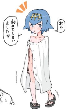 1girl blue_eyes blue_hair changing_clothes hair_between_eyes jouyoku_0824 lana_(pokemon) loli naked_towel nintendo nude pokemon pokemon_sun_and_moon sandals short_hair simple_background towel wet white_background