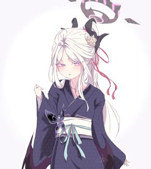 1girl black_halo blue_archive blush breasts eevee_chan halo hashtag-only_commentary highres hina_(blue_archive) japanese_clothes kimono looking_at_viewer purple_eyes simple_background small_breasts solo white_background white_hair