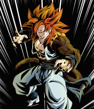 Rule 34 | 1boy, absurdres, blue eyes, blue sash, body fur, brown fur, dougi, dragon ball, dragon ball gt, gogeta, hashtag-only commentary, highres, long hair, looking at viewer, male focus, metamoran vest, monkey boy, monkey tail, muscular, muscular male, noir illust, pants, pectorals, red hair, saiyan, sash, smile, solo, spiked hair, super saiyan, super saiyan 4, tail