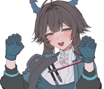 1girl arknights arknights:_endfield black_hair blue_gloves blue_jacket blush chen_qianyu_(arknights) dragon_girl dragon_horns eastern_dragon_horns gloves grey_eyes horns jacket long_hair looking_at_viewer molyb open_mouth simple_background solo twintails upper_body white_background