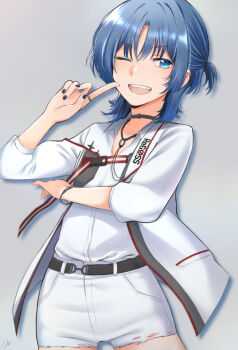 Rule 34 | 0w00v0, 1girl, ;d, black nails, blue eyes, blue eyeshadow, blue hair, collar, commentary request, eyeshadow, grey background, highres, hiodoshi ao, hiodoshi ao (regloss uniform), hololive, hololive dev is, jacket, makeup, medium hair, one eye closed, open mouth, shirt, shorts, simple background, smile, solo, virtual youtuber, white jacket, white shirt, white shorts