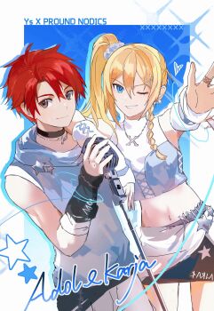 1boy 1girl adol_christin ahoge amano_toshi black_choker blonde_hair blue_background blue_eyes border braid brown_eyes choker curtained_hair detached_sleeves double-parted_bangs english_text gradient_background hair_between_eyes highres jewelry karja_balta long_hair looking_at_viewer midriff navel one_eye_closed pencil_skirt pendant short_hair side_braid side_ponytail sidelocks signature skirt smile two-tone_background white_border ys ys_x:_nordics