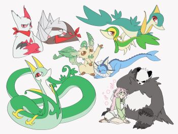 1girl :d alternate_color animal_hands bandana blue_fur brown_eyes brown_fur cetacean_tail claws closed_eyes evolutionary_line excadrill fins fish_tail full_body gen_1_pokemon gen_3_pokemon gen_4_pokemon gen_5_pokemon gen_6_pokemon green_eyes green_fur green_shrug grey_fur head_fins highres kneeling leaf leafeon looking_at_another looking_at_viewer nintendo open_mouth panda pangoro pink_hair pokemon pokemon_(creature) pokemon_focus pp_7762 red_bandana red_eyes red_fur serperior servine shiny_pokemon shirt shorts shrug_(clothing) simple_background sitting smile snake snivy tail vaporeon white_fur white_shirt white_shorts yellow_fur zangoose