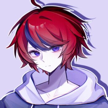 1boy ahoge artist_request black_hair blue_eyes chinese_commentary closed_mouth collarbone commentary_request drawstring expressionless film_grain grey_background grey_jacket hair_between_eyes hood hood_down hoodie jacket jacket_over_hoodie male_focus multicolored_hair outline red_hair second-party_source short_hair simple_background solo streaked_hair sumino_takumi the_hundred_line_-last_defense_academy- two-tone_hair variant_set white_hoodie white_outline