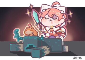 1girl blood bruise bruised_eye chibi closed_eyes explosive flower frog hololive injury japanese_clothes miko minecraft minecraft_sword nosebleed pink_hair sakura_miko sakura_miko_(work) shii_miii simple_background smug sparkle sword tnt tnt_block_(minecraft) uwu virtual_youtuber warden_(minecraft)