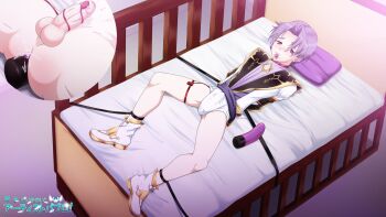 1boy anal anal_object_insertion ball_gag diaper epic_seven gag highres indoors ludwig_(epic_seven) lying male_focus object_insertion on_back on_bed penis pillow projected_inset purple_eyes purple_hair restrained sex_toy shota tagme testicles uncensored vibrator vibrator_on_penis