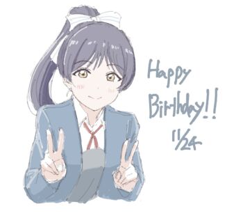 1girl black_hair blue_jacket blush closed_mouth collared_shirt commentary_request dated double_v dress dress_shirt gomadare4869 grey_dress happy_birthday hazuki_ren high_ponytail highres jacket looking_at_viewer love_live! love_live!_superstar!! neck_ribbon open_clothes open_jacket pinafore_dress ponytail red_ribbon ribbon school_uniform shirt simple_background sleeveless sleeveless_dress solo split_mouth v white_background white_shirt winter_uniform yellow_eyes yuigaoka_school_uniform