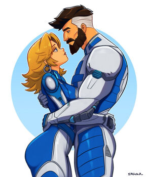 Rule 34 | 1boy, 1girl, blonde hair, bodysuit, brown hair, couple, earrings, eye contact, facial hair, fantastic four, grey hair, height difference, highres, hoop earrings, husband and wife, jewelry, looking at another, looking down, looking up, marvel, marvel rivals, medium hair, multicolored bodysuit, multicolored hair, mustache, reed richards, smgold, sue storm, two-tone bodysuit, two-tone hair