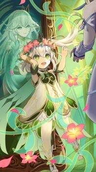 3girls bare_shoulders bloomers blue_flower braid commentary_request cross-shaped_pupils detached_sleeves dress flower flower_wreath genshin_impact gold_trim gradient_hair green_eyes green_hair green_sleeves hair_between_eyes hair_ornament hair_tie hands_up head_wreath highres leaf_hair_ornament long_hair looking_at_another looking_at_viewer lumine_(genshin_impact) multicolored_hair multiple_girls nahida_(genshin_impact) open_mouth out_of_frame pointy_ears red_flower rukkhadevata_(genshin_impact) side_ponytail sleeveless sleeveless_dress stirrup_legwear strapless strapless_dress symbol-shaped_pupils teeth toeless_legwear underwear upper_teeth_only ushijiya very_long_hair white_bloomers white_dress white_hair