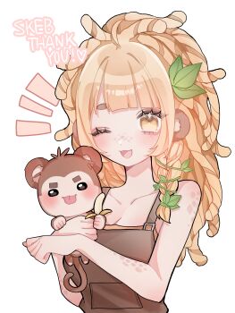 1girl absurdres animal_ears banana bananajuju blonde_hair brown_eyes brown_overalls commission dreadlocks english_text food fruit highres indie_virtual_youtuber long_hair looking_at_viewer monkey monkey_ears monkey_girl oekakibabu one_eye_closed open_clothes overalls shirt simple_background skeb_commission solo tongue tongue_out upper_body virtual_youtuber white_background white_shirt