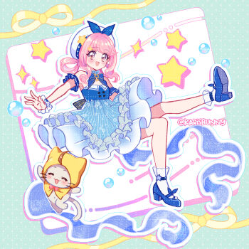 1girl ^_^ ahoge animal anklet aqua_background artist_name back_bow bare_shoulders beads beret black_bow blue_bow blue_bowtie blue_choker blue_dress blue_shoes blue_sleeves blue_wings bow bow_choker bowtie brooch brown_eyes bubble bubble_print bubbly_voyage_(infinity_nikki) buttons cat choker cloak closed_eyes clothed_animal collared_dress commentary detached_sleeves dot_nose dress ear_covers english_commentary eyelashes floating footwear_bow frilled_choker frilled_dress frilled_sleeves frilled_wrist_cuffs frills full_body gradient_bow hair_intakes hair_ornament hair_rings hairclip happy hat hat_bow hat_ornament high_heels highres hood hood_up hooded_cloak infinity_nikki japanese_clothes jewelry karisbunny light_blush long_hair making-of_available medium_dress momo_(nikki) nikki_(nikki) nikki_(series) open_mouth outline outstretched_arms outstretched_leg pink_hair ponytail pumps rabbit_hair_ornament red_bow red_bowtie see-through_clothes see-through_sleeves shoes short_sleeves sidelocks smile socks sparkle star_(symbol) star_hat_ornament strapless strapless_dress striped_bow striped_clothes striped_dress tareme twitter_username two-tone_background vertical-striped_clothes vertical-striped_dress watermark watermark_grid wavy_hair whiskers white_background white_cat white_hat white_outline white_socks wings wrist_cuffs yellow_cloak