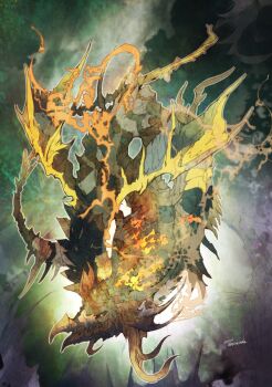 commentary copyright_name dragon final_fantasy final_fantasy_xiv fire midgardsormr_(final_fantasy) monster monster_focus no_humans ruka_(blueplus84) sharp_teeth solo teeth twitter_username yellow_eyes