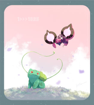 animal_focus border bright_pupils bulbasaur claws closed_eyes closed_mouth commentary falling_petals floating full_body gen_1_pokemon grey_border highres isutai looking_at_another nintendo no_humans on_grass outdoors pecharunt petals pink_sky plant pokemon pokemon_(creature) red_eyes simple_background sky smile symbol-only_commentary vines white_pupils