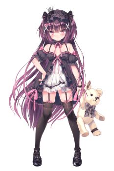 1girl bare_shoulders black_thighhighs blush breasts chloe_(rubi-sama) dress full_body garter_straps gradient_hair holding holding_stuffed_toy long_hair looking_at_viewer mary_janes multicolored_hair pink_eyes pink_hair rubi-sama shoes short_dress small_breasts smile solo stuffed_animal stuffed_toy tachi-e teddy_bear thighhighs transparent_background very_long_hair yume_utsutsu_quintet