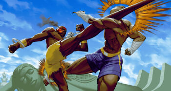 Rule 34 | 2boys, bald, bindi, blue sky, capcom, cloud, dark-skinned male, dark skin, dhalsim, eyepatch, facepaint, fighting, foot wraps, hand wraps, jewelry, kicking, leg wrap, male focus, multiple boys, muscular, muscular male, necklace, outdoors, sagat, scar, scar on chest, shorts, skull necklace, sky, statue, street fighter, street fighter ii (series), wrist wrap