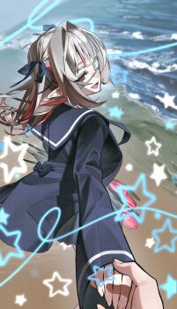 1girl 1other :d absurdres back_bow beach blazer blue_bow blue_jacket blue_ribbon blue_sailor_collar blue_skirt bow colored_inner_hair commentary_request eyepatch fang feet_out_of_frame flower from_behind grey_hair hair_intakes hair_ribbon highres holding holding_flower holding_hands jacket kurotayan long_hair long_sleeves looking_at_viewer looking_back makaino_ririmu medical_eyepatch miniskirt monitoring_(vocaloid) multicolored_hair nijisanji ocean official_alternate_costume official_alternate_hairstyle open_clothes open_jacket open_mouth pink_flower pink_hair pink_streaks pink_tulip pleated_skirt pointy_ears pov pov_hands reaching reaching_towards_viewer red_eyes ribbon sailor_collar school_uniform sidelocks skirt sleeves_past_wrists smile solo_focus sparkle sparkling_aura standing star_(symbol) streaked_hair tulip two-tone_hair two_side_up virtual_youtuber waves wind