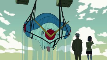 1boy 1girl absurdres back black_hair challia_bull cloud comoli_harcourt g_gundam gloves green_hair gundam gundam_gquuuuuux gundam_rose hanging head_only highres jacket long_sleeves mecha military_jacket military_uniform mobile_suit name_connection outdoors reprilo_channel robot scene_reference science_fiction shirt short_hair skirt sky v-fin water