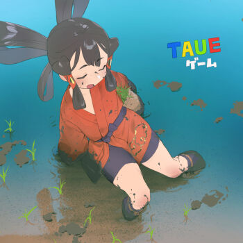 1girl bike_shorts black_hair closed_eyes commentary_request dirty dirty_clothes dirty_face hair_rings japanese_clothes kimono mizura mud open_mouth red_kimono rice_(plant) rice_paddy sakuna-hime solo soosaresu tensui_no_sakuna-hime water
