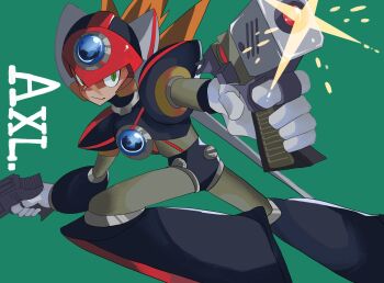 Rule 34 | 1boy, armor, axl (mega man), black armor, brown hair, character name, dual wielding, finger on trigger, firing, green background, gun, helmet, highres, holding, holding gun, holding weapon, male focus, mega man (series), mega man x (series), natsumi 6021, red helmet, simple background, solo, spiked hair, weapon