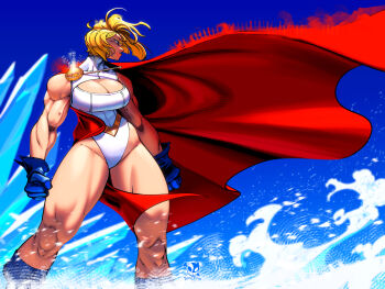 1girl biceps blonde_hair blue_gloves blue_sky borudbrian breasts cape cleavage_cutout clenched_hands clothing_cutout dc_comics gloves highleg highleg_leotard highres huge_breasts leotard looking_to_the_side power_girl red_cape sky solo superhero_costume superman_(series) thick_thighs thighs white_leotard