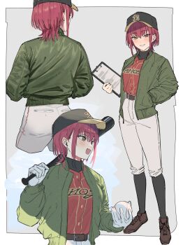 1girl ball baseball baseball_(object) baseball_bat baseball_cap baseball_jersey baseball_uniform belt black_hat blush border breasts cowboy_shot earrings full_body gloves green_jacket grey_background hand_in_pocket hat heterochromia highres holding holding_ball holding_baseball_bat hololive houshou_marine jacket jellyfish_cut jersey jewelry looking_at_viewer multiple_views open_mouth pants red_eyes red_hair red_shirt shino_12a shirt short_hair sidelocks simple_background smile sportswear standing stud_earrings turnaround upper_body virtual_youtuber white_border yellow_eyes