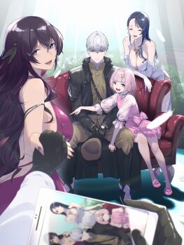 1boy 4girls absurdres alternate_costume ass black_gloves black_hair breasts brown_hair butt_crack cecil_(nikke) cellphone_photo cleavage commentary_request couch dress fune_(fune83ojj) gloves goddess_of_victory:_nikke gold_necklace harran_(nikke) highres inherit_(nikke) isabel_(nikke) jacket jewelry johan_(nikke) large_breasts long_hair military_jacket military_uniform mole mole_under_eye multiple_girls necklace noah_(nikke) on_couch pink_dress pink_hair pov pov_hands purple_dress short_hair white_dress