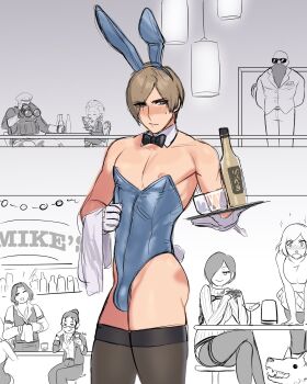 3girls 5boys alcohol animal_ears binoculars black_bow black_bowtie blue_eyes blue_leotard blush bottle bow bowtie brown_hair bulge cowboy_shot detached_collar fake_animal_ears fake_tail gloves highres leon_s._kennedy leotard male_playboy_bunny mokotoko9 multiple_boys multiple_girls nipple_slip nipples pectorals rabbit_ears rabbit_tail resident_evil resident_evil_4 resident_evil_4_(remake) short_hair smile strapless strapless_leotard sunglasses tail thighhighs tray white_gloves