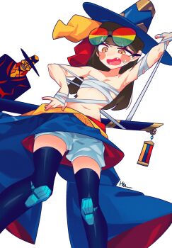 1boy 1girl absurdres black_thighhighs blue_hat blush_stickers brown_eyes budget_sarashi dot_nose entangled fang flat_chest grin hamma hat highres jacket joints long_sleeves multicolor-tinted_eyewear navel necktie open_clothes open_mouth open_robe original pommel_charm robe robot_joints sarashi scabbard sheath sheathed shorts signature simple_background smile straight_hair suit_jacket sweatdrop sword thighhighs tinted_eyewear weapon white_background white_shorts wide_brim yellow_eyes