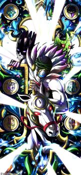 6+others absurdres black_hair black_mask blue_eyes blue_skin c-moon_(stand) clock colored_skin commentary cross diver_down_(stand) english_commentary feathers foo_fighters_(stand) glowing glowing_eyes green-tinted_eyewear highres horse jojo_no_kimyou_na_bouken kiss_(stand) light_rays made_in_heaven_(stand) male_focus multiple_others muscular noonvincent purple_eyes purple_skin red_eyes riding speedometer spiked_hair stand_(jojo) star_(symbol) star_platinum stone_free stone_ocean tinted_eyewear tube weather_report white_skin whitesnake_(stand)