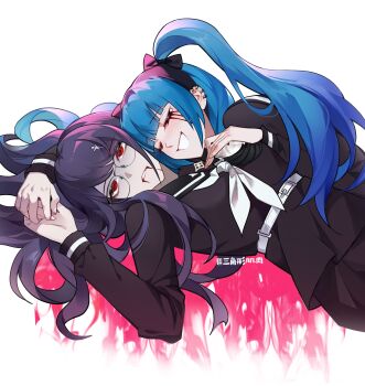 2girls absurdres amemiya_darumi black_bow black_hair black_sailor_collar blood blood_on_face bloody_tears blue_hair bow closed_eyes commentary_request ear_piercing glasses hair_bow highres holding_hands last_defense_academy_school_uniform long_hair long_sleeves lying multiple_girls neckerchief piercing purple_hair red_eyes sailor_collar sanjio777 school_uniform shizuhara_hiruko simple_background the_hundred_line_-last_defense_academy- twintails twitter_username white_neckerchief