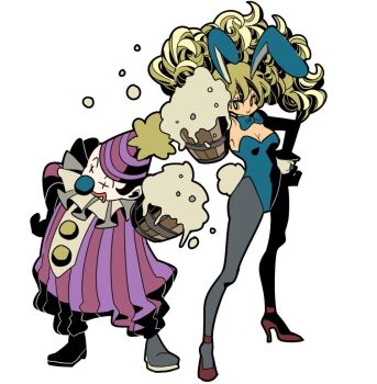 Rule 34 | 1boy, 1girl, alcohol, animal ears, beer, beer mug, blonde hair, blue bow, blue bowtie, blue eyes, blue leotard, boots, bow, bowtie, breasts, brown shoes, cleavage, clown nose, cup, curly hair, d d work, dragon quest, dragon quest iii, facepaint, full body, gadabout (dq3), grey boots, grey pantyhose, hand on own hip, hat, high heels, holding, holding cup, leotard, long hair, medium breasts, mug, neck ruff, pantyhose, party hat, playboy bunny, rabbit ears, rabbit tail, shoes, smile, standing, strapless, strapless leotard, striped bodysuit, tail, white background, white wrist cuffs, wrist cuffs