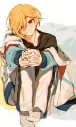 Rule 34 | 1boy, blonde hair, blush, closed mouth, cup, ensemble stars!, fingernails, holding, holding cup, jacket, long sleeves, looking at viewer, mug, nito nazuna, pants, red eyes, sapphire (nine), simple background, sitting, smile, socks, solo, white background, white jacket, white pants, white socks