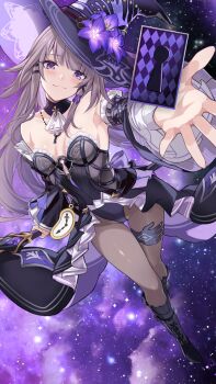 Rule 34 | 1girl, adapted costume, ascot, bare shoulders, black boots, black dress, black hat, black panties, boots, breasts, brown hair, brown pantyhose, collarbone, commentary request, detached collar, detached sleeves, dress, floating, floating card, frilled dress, frilled sleeves, frills, full body, hat, herta (honkai: star rail), highres, honkai: star rail, honkai (series), long hair, looking at viewer, panties, pantyhose, purple eyes, saint laurent paris, showgirl skirt, small breasts, smile, solo, the herta (honkai: star rail), underwear, white ascot, witch hat